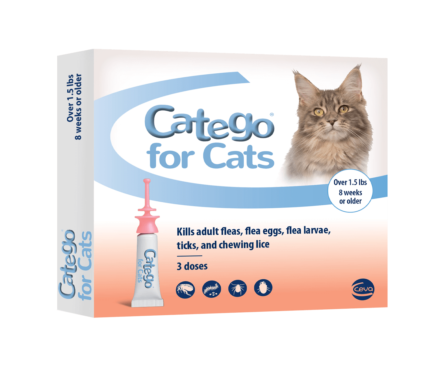 Catego for Cats 3-dose flea and tick treatment box, showing applicator tube and Maine Coon cat, for cats over 1.5 pounds and 8 weeks old.